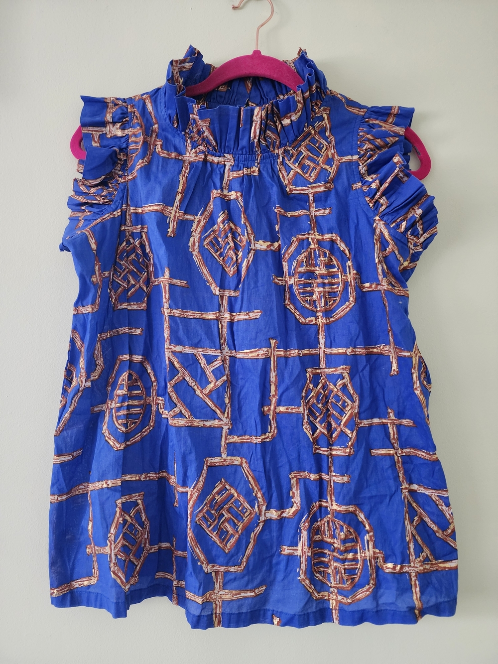 Jude Connally Blue Patterned Ruffle Sleeve Women's Top